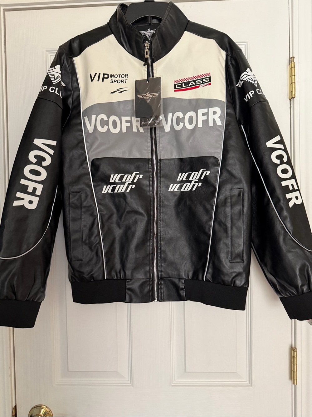 Men's Black & White leather Racing Bomber Jacket